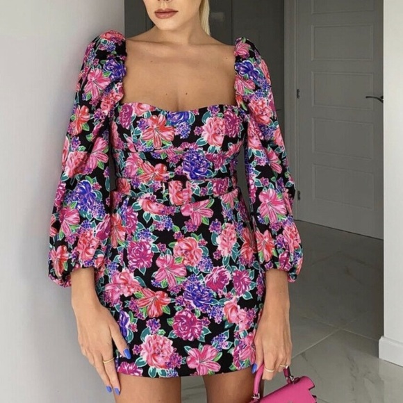 Zara Pink Floral Heart Neckline Puff Sleeve Belted Romantic Mini Dress NWT - Picture 2 of 16